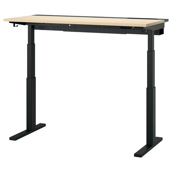 Black adjustable desk with light wood top and dual-motor lift system.