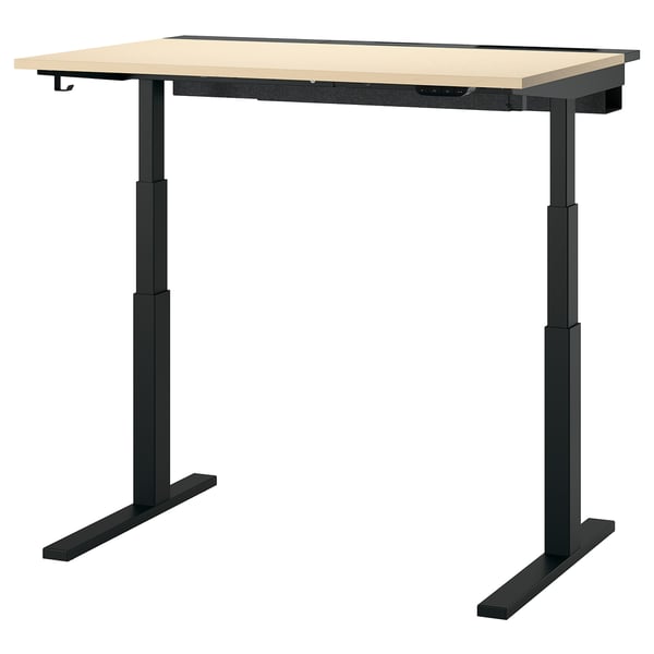 MITTZON: adjustable desk. Black frame, wooden top. Rectangular shape. Two motors.