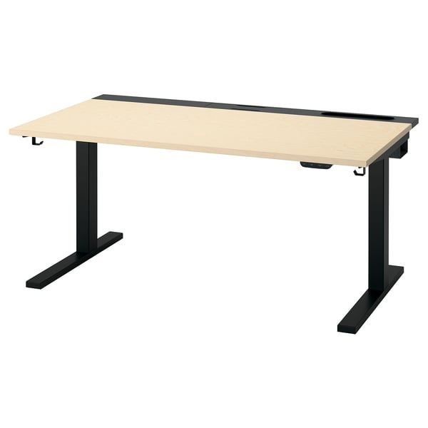 MITTZON sit/stand desk: light wood top, black legs, dual motors, ergonomic design, adjustable height.