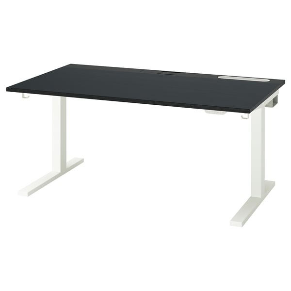 Modern black standing desk with white legs, electric lift, and elegant design.