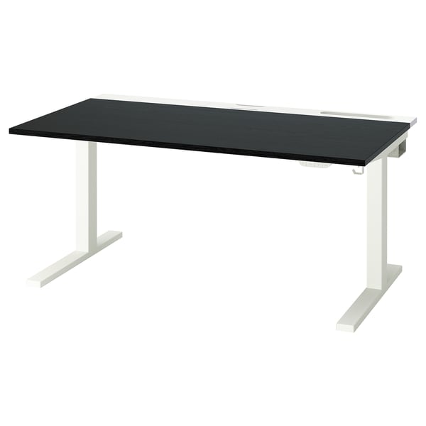 MITTZON adjustable desk in black with durable top, sturdy white legs, height adjustable, ergonomic design.