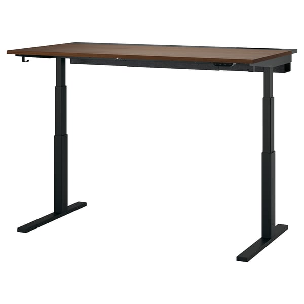 MITTZON sit stand desk: ergonomic, walnut top, black legs, dual motors.