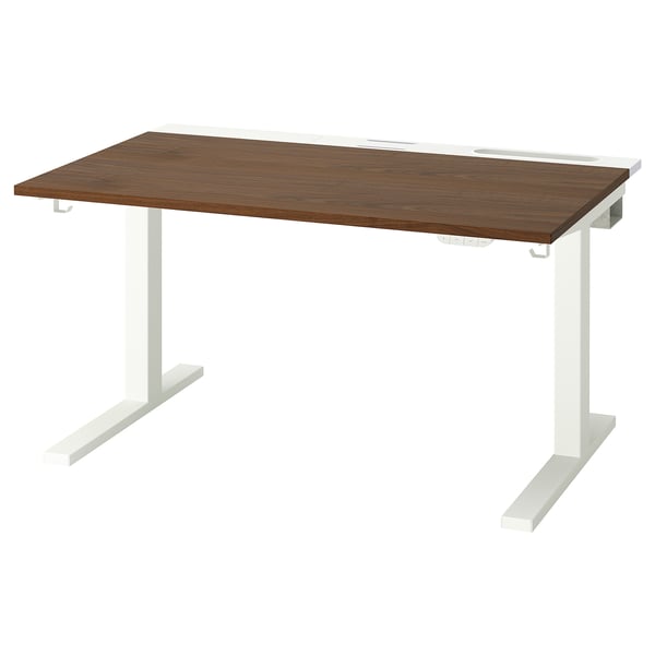 MITTZON sit-stand desk, brown top, white legs, electric height adjustment, sleek design.