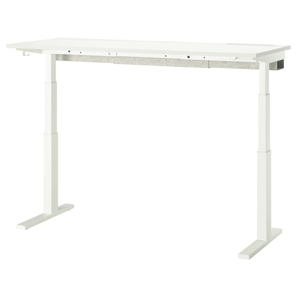 The mitton sit-stand desk in white is sleek and modern. It has a rectangular top with clean edges and two adjustable legs for height variation.