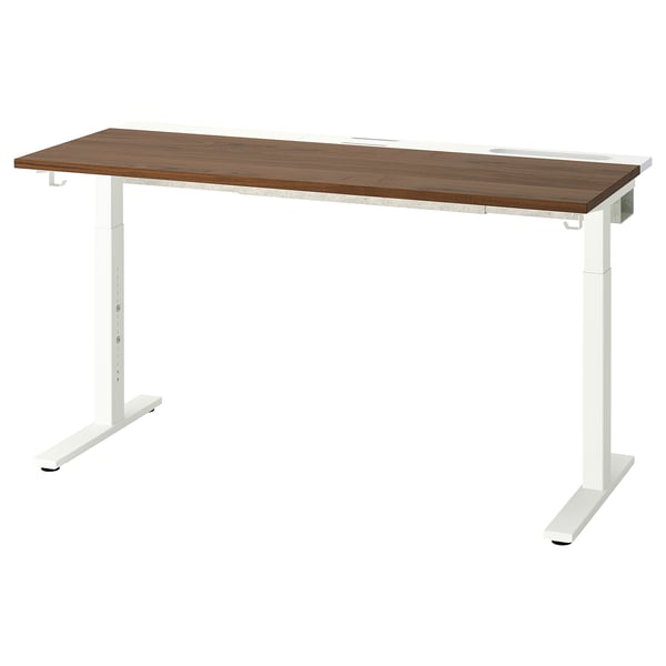 MITTZON desk: modern, brown top, white legs, adjustable height, sleek design.