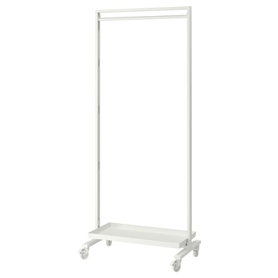 A MITTZON frame, white with wheels, designed for hanging clothes and storage. It has a rectangular shape with a metal construction and a bottom shelf.