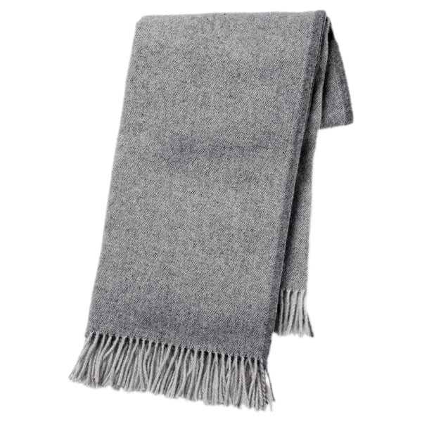 MOALIE grey wool throw blanket, soft textured fringe, rectangular shape.