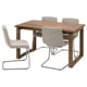 Square oak dining table with four fabric chairs, featuring curved metal legs.