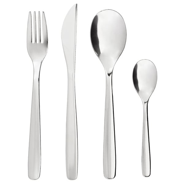 Polished stainless steel cutlery: fork, knife, large and small spoons. Sleek, modern design.