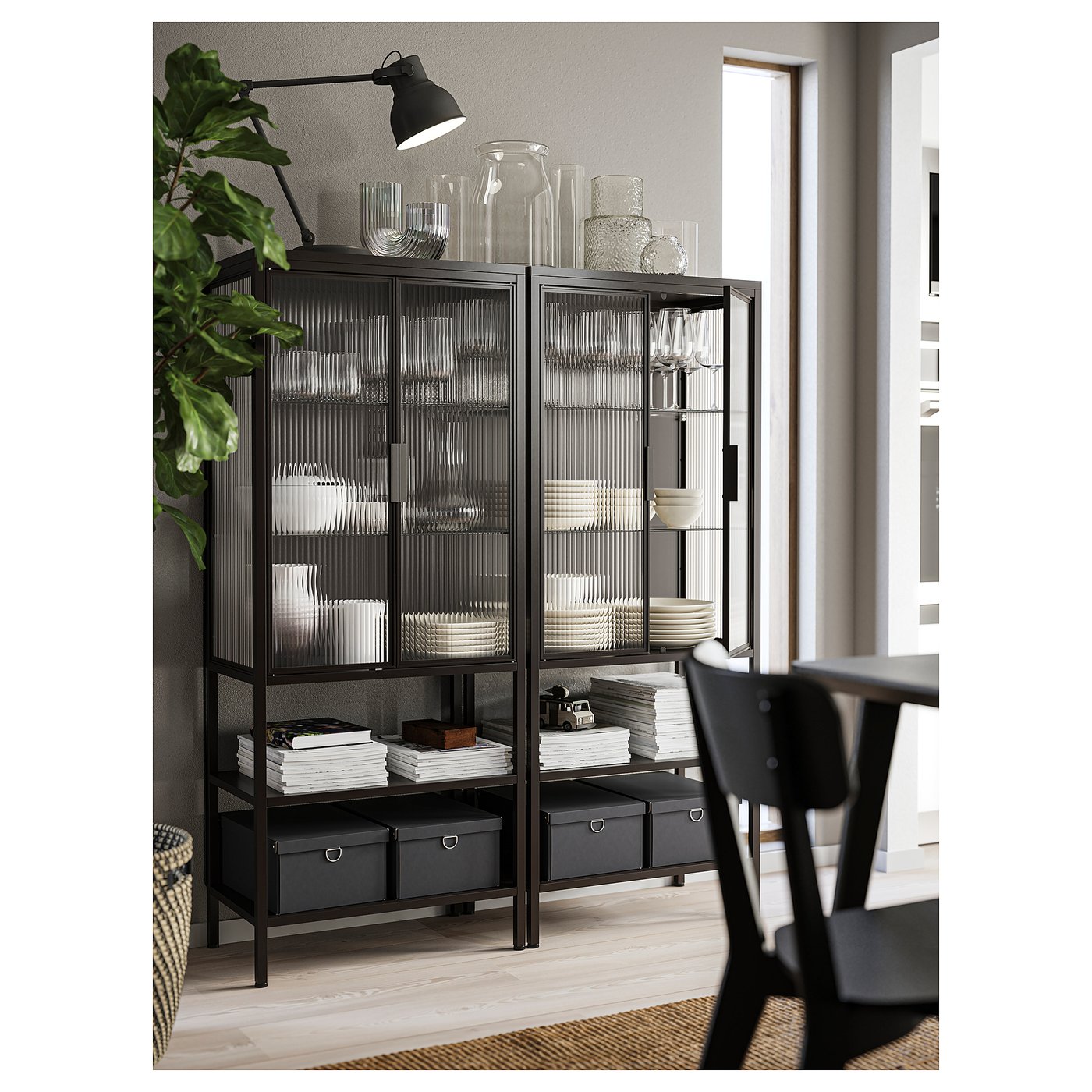 MOSSJÖN glass-door cabinet with 2 doors, anthracite, 60x34x146 cm