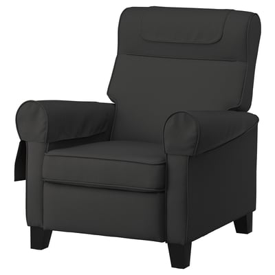 Black MUREN recliner with padded headrest and armrests, dark fabric, adjustable backrest.