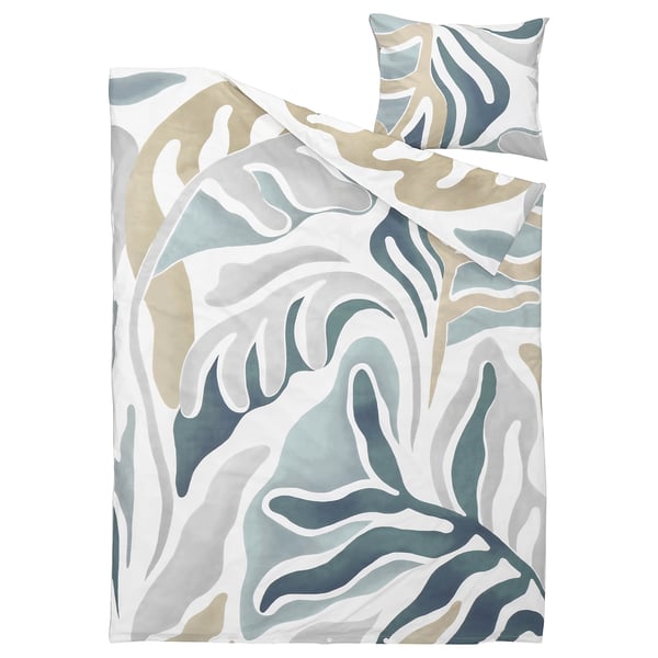 MYGGLASVINGE duvet set, white, blue, beige with large leaf pattern.