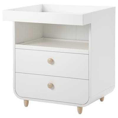 White MYLLRA changing table. Modern minimalist design with two drawers, wood knobs, and legs.