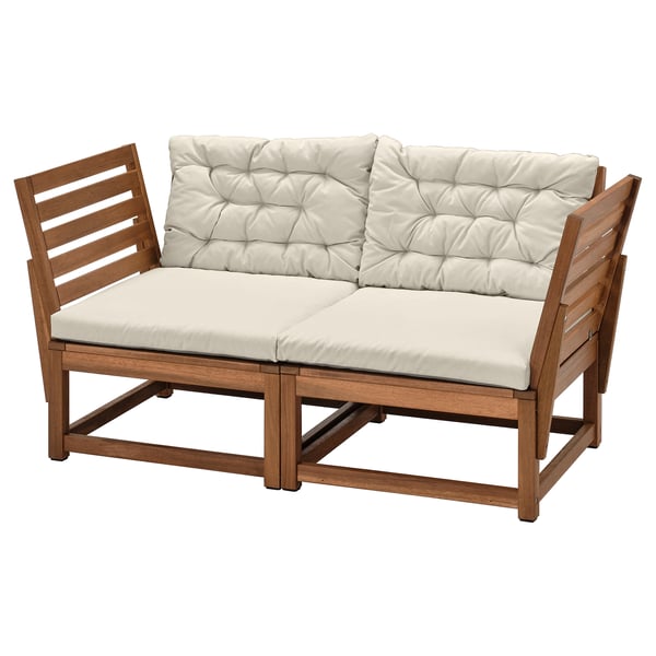 NÄMMARÖ 2-seat modular sofa, outdoor, armrests light brown stained/Kuddarna light grey-beige