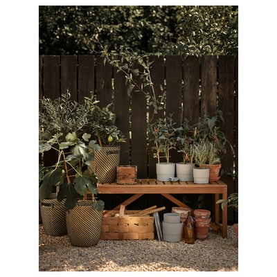 Wooden NÄMMARÖ outdoor bench with wicker plants in pots, baskets, and terrarium, set against a dark wooden fence.