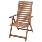 Brown wooden foldable chair with slatted back and seat, armrests, outdoor use.
