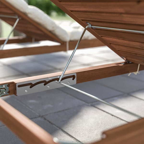 Wooden outdoor furniture with metallic hinges; NÄMMARÖ series, natural finish.