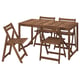 Wooden outdoor furniture set, includes rectangular table & four foldable chairs. Made of brown acacia wood, ideal for outdoor use.