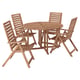 Picnic set with round table and four folding chairs, made of light brown acacia wood.