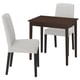 Brown dining table with two grey chairs. Table has chamfered legs, chairs have fabric seats and wooden legs.