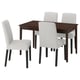 Dark brown square dining table with four matching fabric chairs, light grey cushions, wooden legs, modern design.