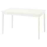 A white NÄSINGE dining table with a smooth top and square legs. Four legs, chamfered edges, modern, and clean design.