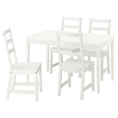 White NÄSINGE dining set with extendable table and 4 chairs.