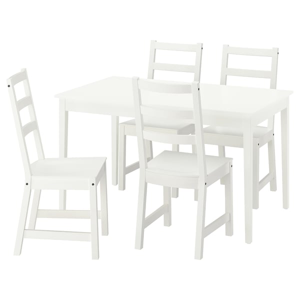 White dining table and four chairs set with ladder-back design in clean, minimalist style.