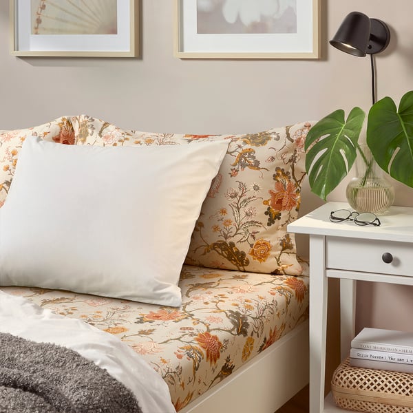 Beige & floral bed sheet set, fits up to 26cm mattress, soft cotton & viscose blend, decorative design.