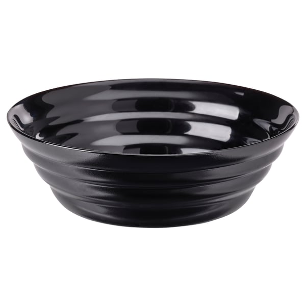 Black, round, glass bowl with a glossy, wavy design.