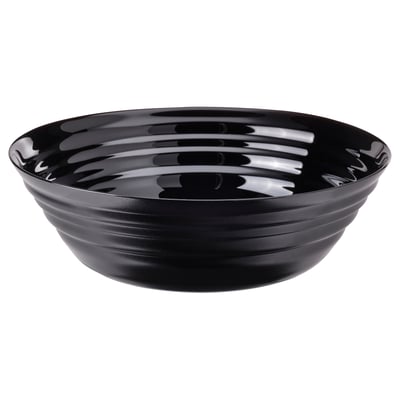 Black glazed ceramic bowl with circular ripple design.