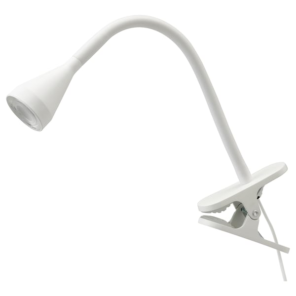 A white NÄVLINGE clip-on lamp with an adjustable neck, suitable for targeted lighting.