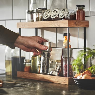 NÅLBLECKA bamboo kitchen tray, black legs, rectangular, 2-tiered shelf organiser.