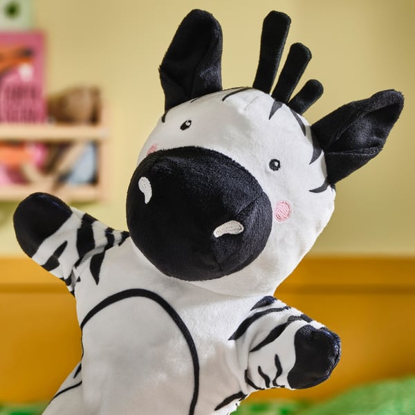 Zebra puppet with black stripes, soft white body, pink cheeks, and black nose. Well-made, inviting play.
