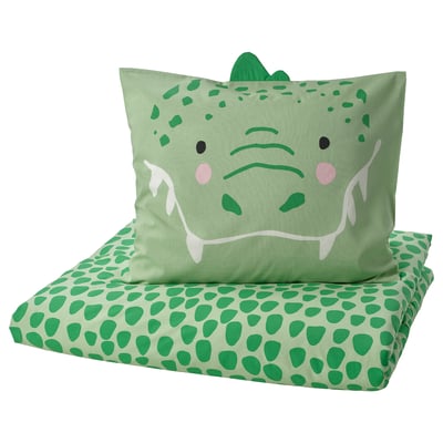 Crocodile-themed kids bedding, duvet with face, spotted pillow, soft cotton-viscose.
