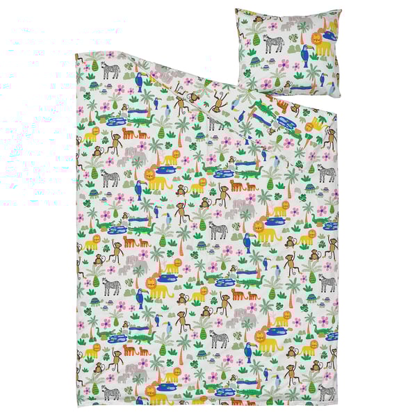 Jungle animal bedding set. Bright cotton & viscose, includes duvet & pillowcase.