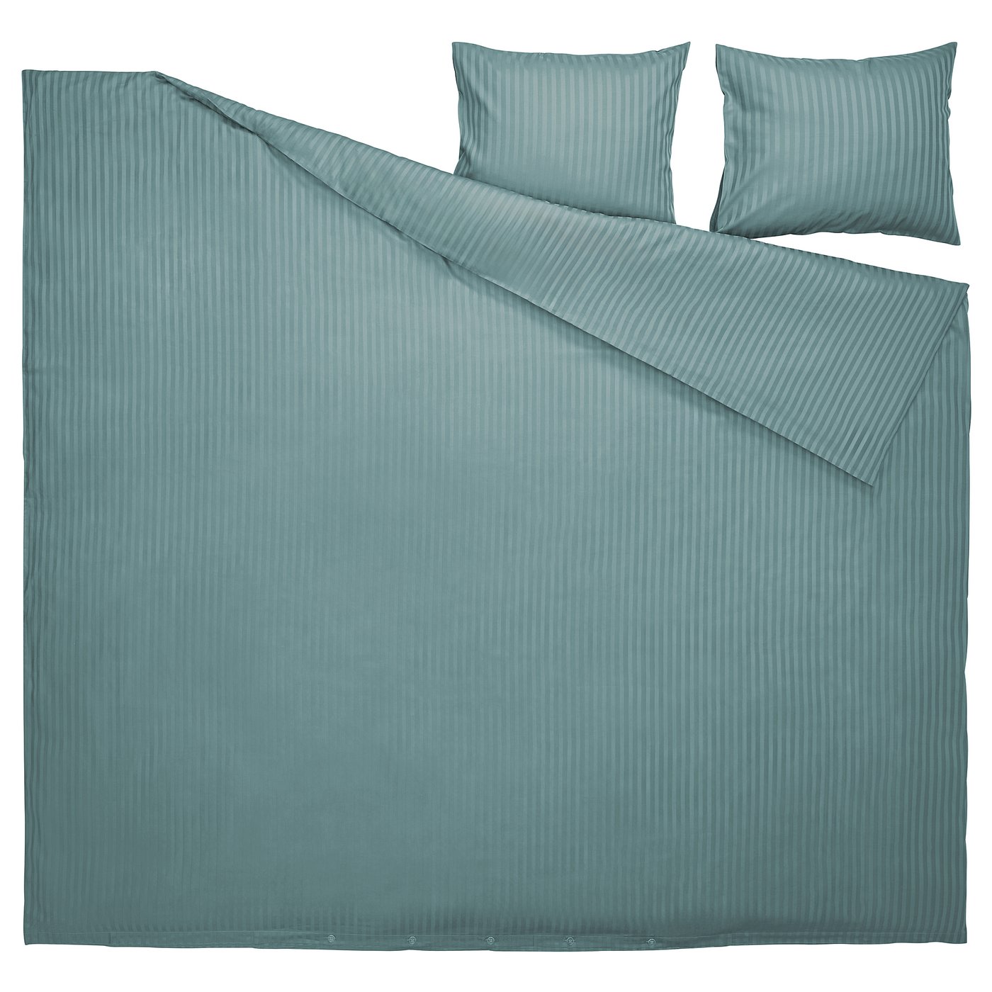 Teal bedding set with stripe pattern, featuring duvet cover and pillowcases. Made from soft cotton and lyocell for comfort.