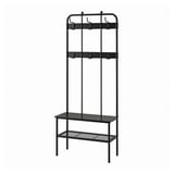 Black metal hall tree, hooks, bench, and shoe rack for hallway storage.