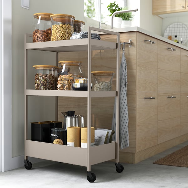 NISSAFORS 3-shelf kitchen trolley for jars & items, grey & movable.