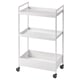 A white three-tier rolling cart for storage with a metal frame.
