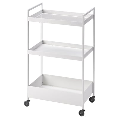 A white three-tier rolling cart for storage with a metal frame.