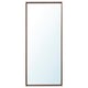 A vertical NISSEDAL mirror with a slim brown frame. It can hang both ways, is safe for bathrooms, and has a modern simple design.