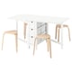 White NORDEN gateleg table and light wood stools, modern minimalist dining set.