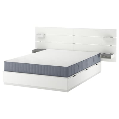 Modern white bed with grey mattress. Includes headboard and six drawers for storage. Simple and sleek design.