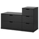 A modern black NORDLI chest of drawers, featuring both wide and tall units, designed for flexible and space-saving storage.