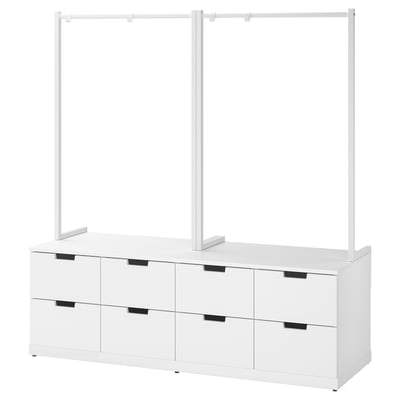 NORDLI: white chest of drawers, modern design with six drawers, two vertical bars for hanging clothes. Safe and practical storage solution.