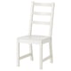 A white, wooden kitchen chair with a ladder-back design and a carved seat. Fine for dining use.