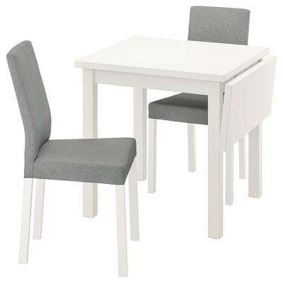 NORDVIKEN dining set: white drop-leaf table, grey upholstered chairs; compact, extendable, high backs, padded.
