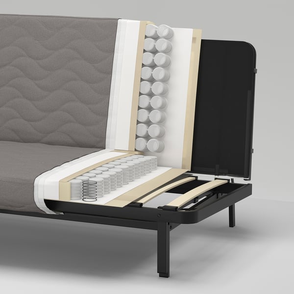 Cross-section of a bed with a steel frame, wood veneer slats, and foam mattress inside a fabric cover.
