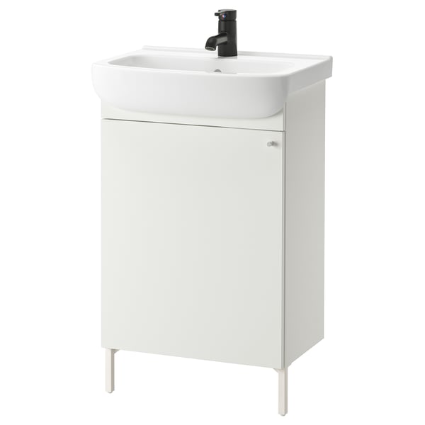 White bathroom vanity, single sink, black tap. Modern, compact design with matte cabinet.